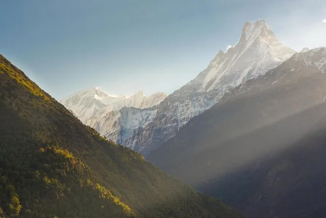 Machapuchare Fishtail mountain Annapurna range Nepal golden sunrise