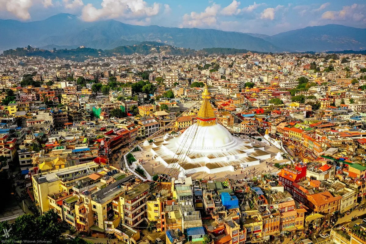 Aerial view of Boudhanath Stupa surrounded by Kathmandu city Nepal