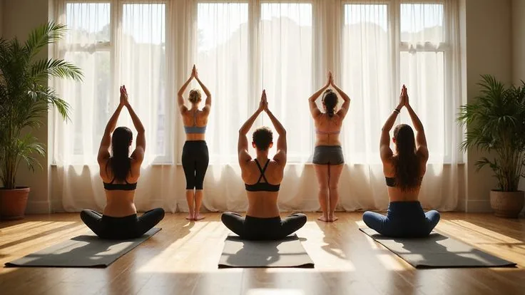 Yoga practitioners in synchronized prayer pose facing a sunlit window