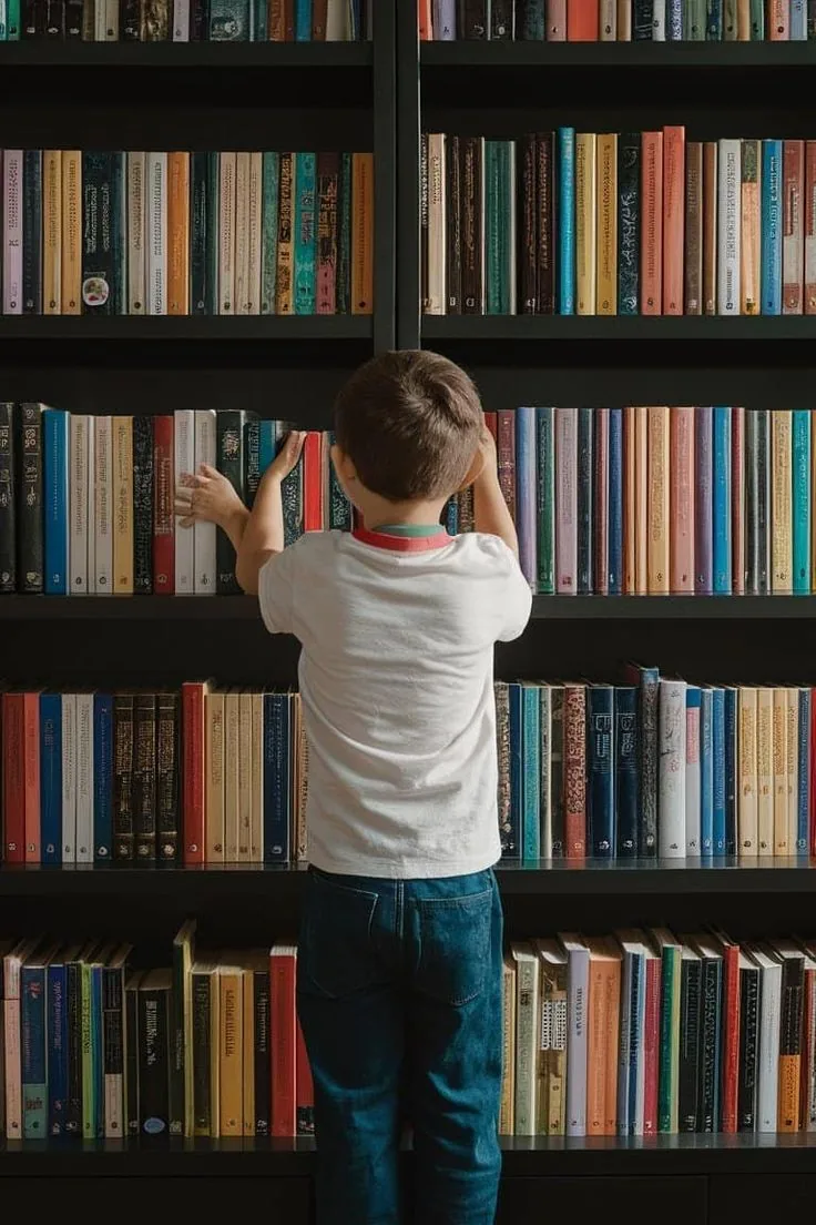 Young boy reaching up to pick a book from a large colorful bookshelf — exploring the world of reading
