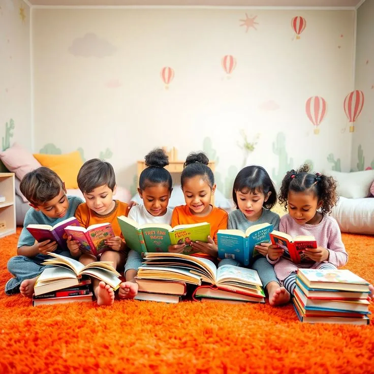 Diverse group of young children sitting together on an orange rug, each happily reading colorful books in a cheerful classroom